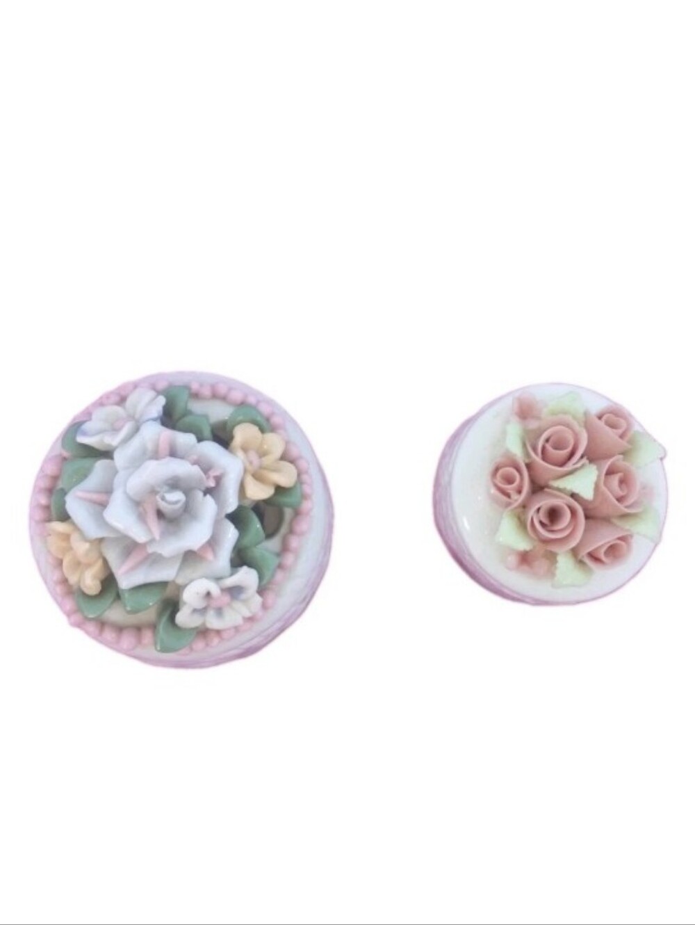 2 Floral Rose Porcelain Trinket Boxes with Lids, Pink and White